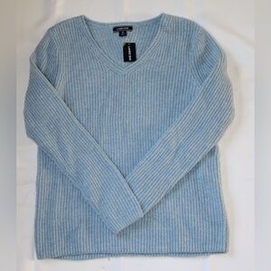 Lands' End Blue V-Neck Sweater with Ribbed Texture